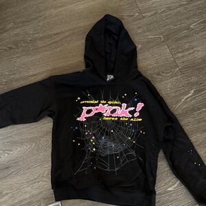 Black Women's Graphic Hoodie with Pink Script and Web Design